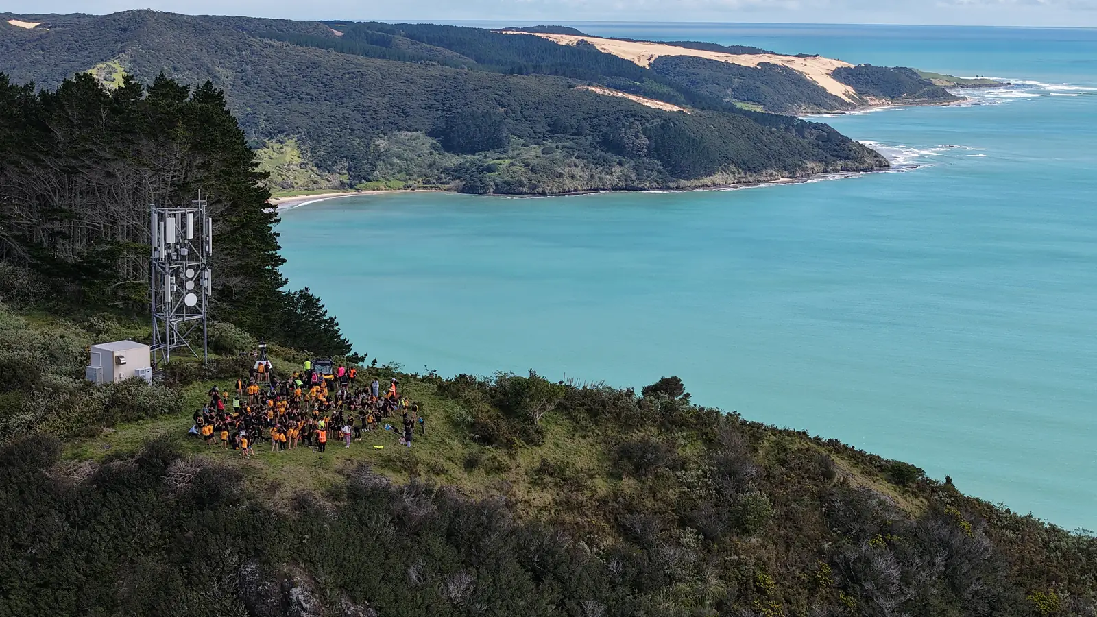 Ahipara School gathered on the summit of Whangatauatia during their Te Wiki o te Reo Māori walk, with the bay and sand dunes behind, from the air