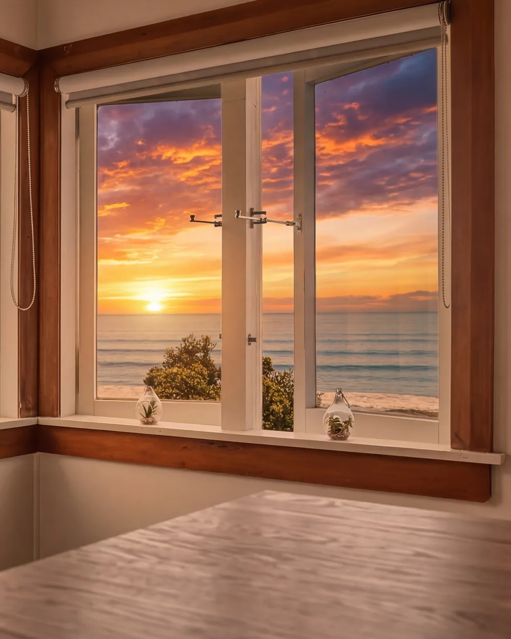 Sunset through the windows of a Far North property